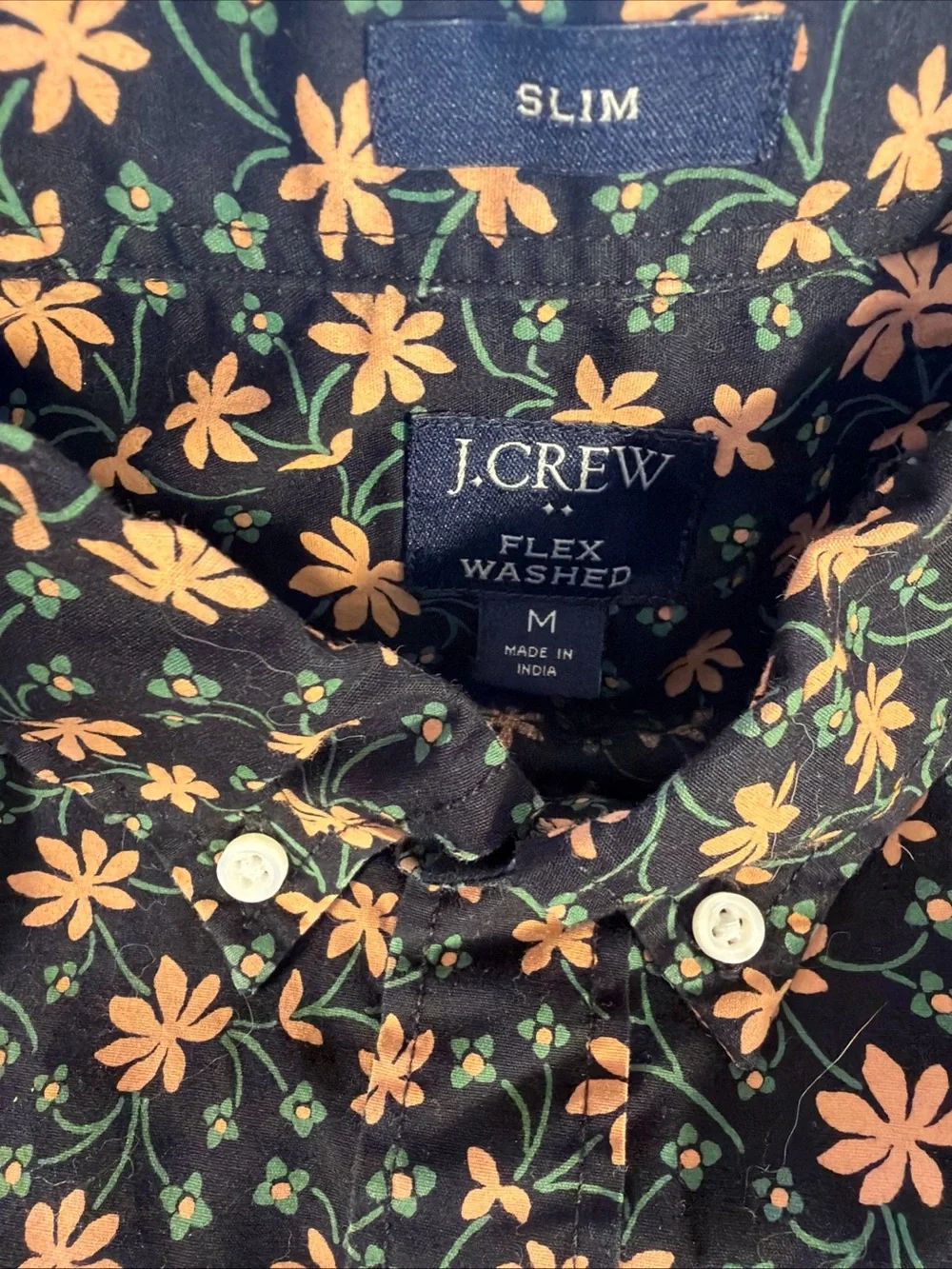 J. Crew Flex Washed Slim Fit Black Button-Up Shirt with Peach Floral Print